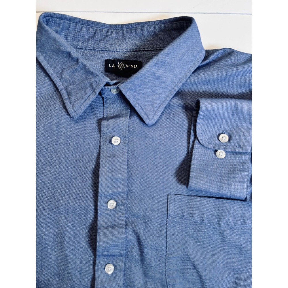 LANDS END Mens 3XL Long Sleeve Button Up Shirt Chambray Blue Cotton Blend Pocket